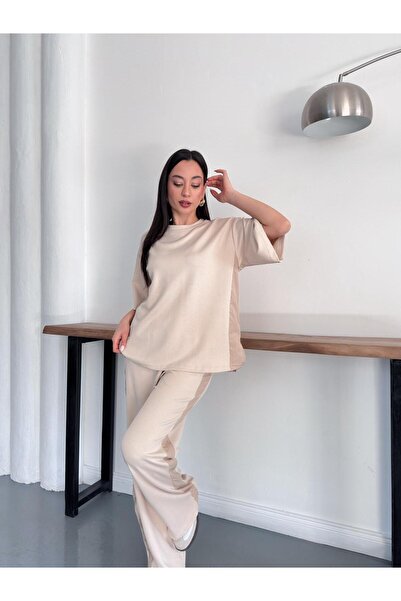 moda paketi Modal Oversized Blouse Trouser Set – Parachute Striped Detail Rel...