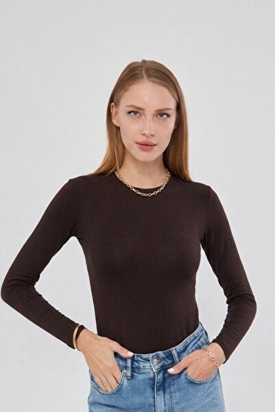 Irmak Kerekli Crew Neck Long Sleeve Badi Viscose Stretch Fabric Body 101 Brown