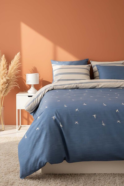 Rivaİstanbul Coria Navy Blue Double %100 Cotton Piece Duvet Cover Set – 6 Pie...