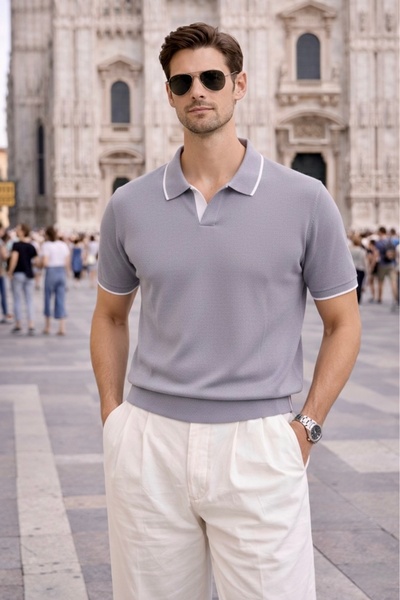 Maccali Men's Trend Gray Polo Collar Knitwear T-Shirt