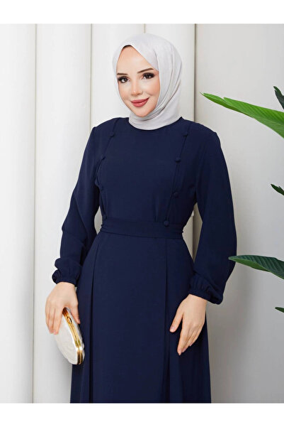 Butik Lacivert Krep Kumaş Kuşaklı Elbise Modelimiz