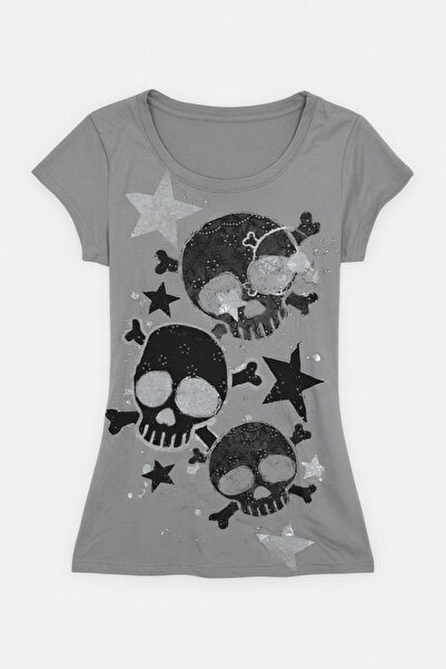 Köstebek Gri Skull Yıldız Kurukafa Baskılı Grunge Tişört