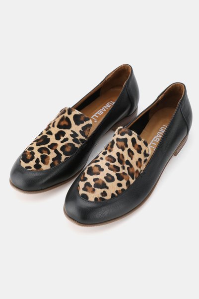 TUNAELLİ Balerini negri din piele naturală pentru femei, mărimea 36-41, cu imprimeu leopard