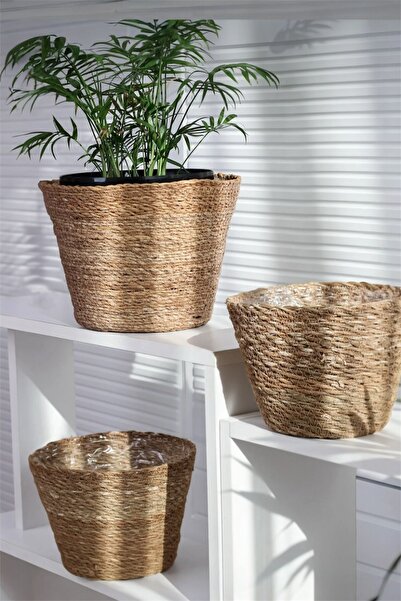 Bayev Hasır 3 Boy İçi Poşetli Saksı Seti HSR124 - Doğal Hasır Saksılık Set 3'...