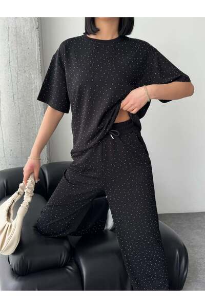 Tarzımızbir Tricou cu aplicații de piatră guler rotund modal set de trening d...