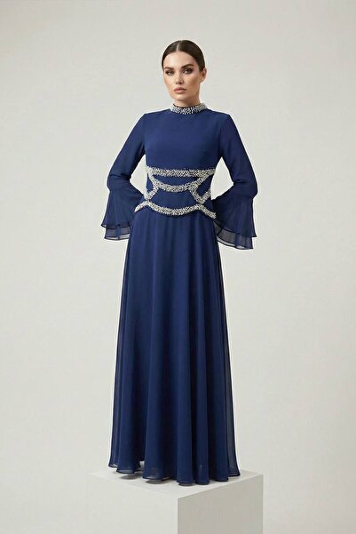 hakimoda İncişah Adriana & Chiffon Evening Dress Navy Blue