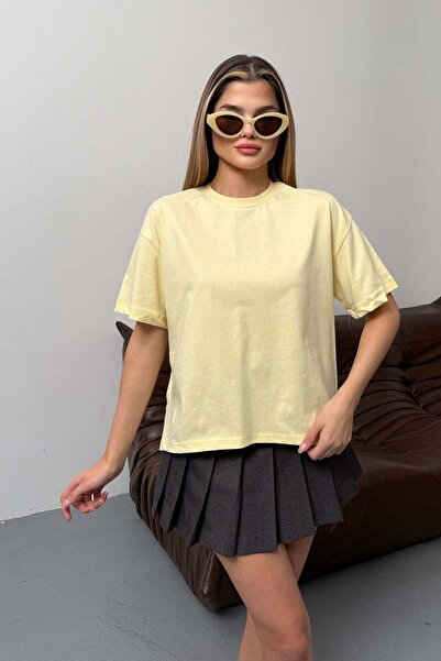 GİYSA Women's Slit 100% Cotton Pack Basic T-Shirt Yellow - 26Y 26505