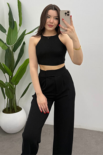 Bipantolon Ženska crna majica sa tankim naramenicama Halter izrez Skraćeni kr...