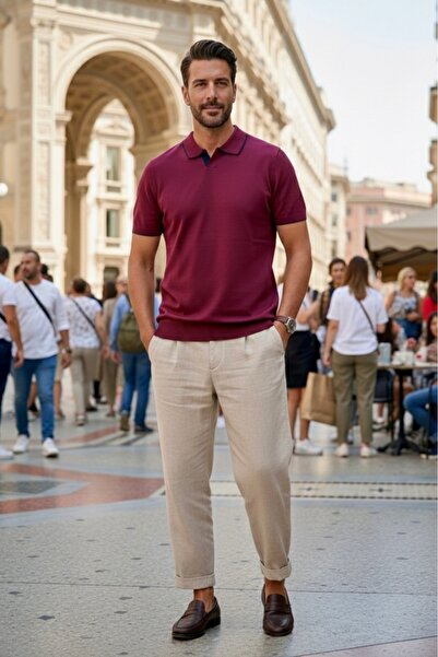 Maccali Muška trendi pletena majica sa polo ovratnikom u bordo crvenoj boji