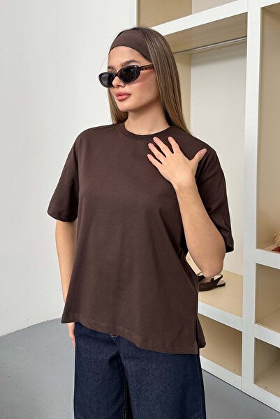 GİYSA Γυναικείο άνοιγμα 100% βασικό μπλουζάκι Βαμβάκι τεμαχίων σε καφέ χρώμα ...