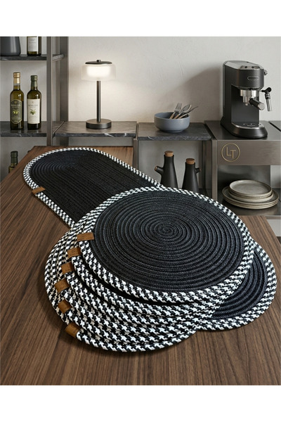 Rhythm London Textile سوبرا مفرش طاولة طويل تاكيتي مفرش طاولة فردي تاكيتي أسود وأبيض
