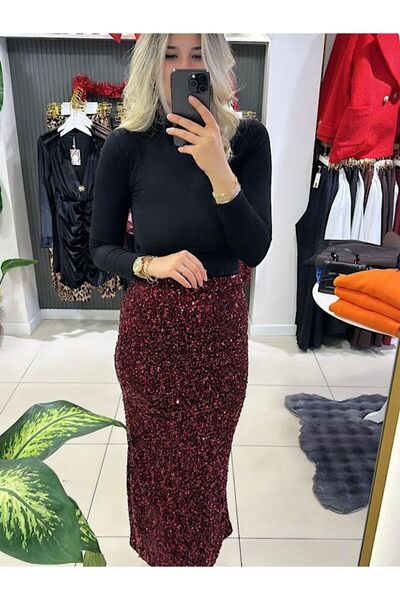 HandeButik Kadın Bordo Payetli Midi Boy Etek