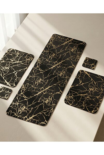 Madu HOME Gold Detaylı Siyah Mermer Desenli Leke Tutmaz/Silinebilir 6 Kişilik...