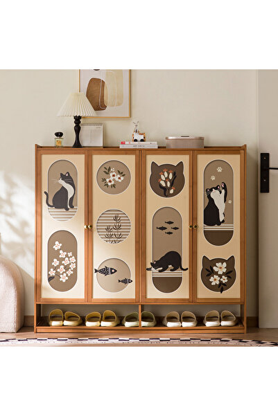 Zztcmp Bamboo Shoe Cabinet with 4 Doors & Open Shelf, Cat Pattern Design, Spa...