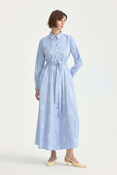 Nihan Nakış Detaylı Pamuk Gömlek Elbise Açık Mavi