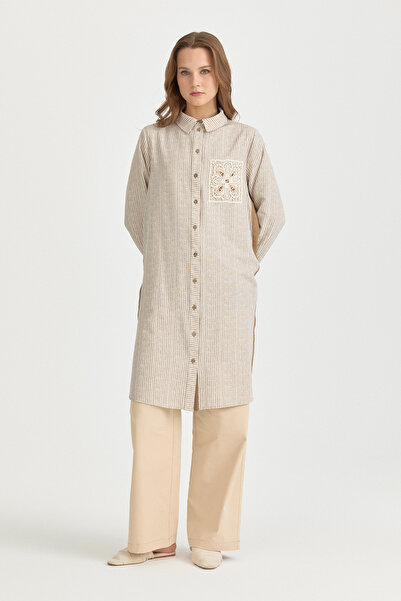 Nihan Büyük Beden Nakış ve Çizgi Kumaşlı Keten Tunik Bej