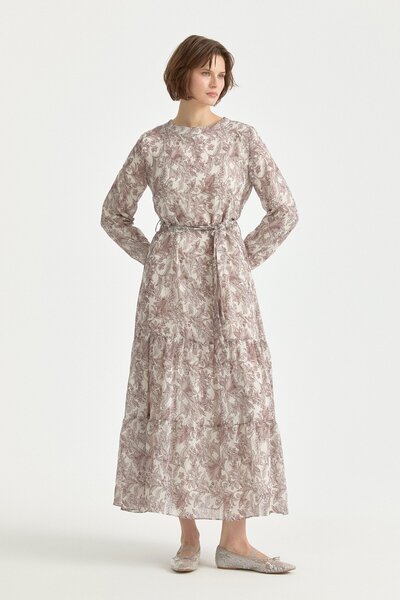 Nihan Büzgü Detaylı Desenli Lyocell Elbise Kahve