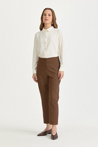 Nihan Arka Beli Elasticated Carrot Basic Poly. Viscose Pants Brown