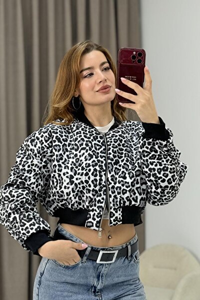 Raneel Kazançlı Alışveriş Leopar Desen Crop Şişme Mont Gri
