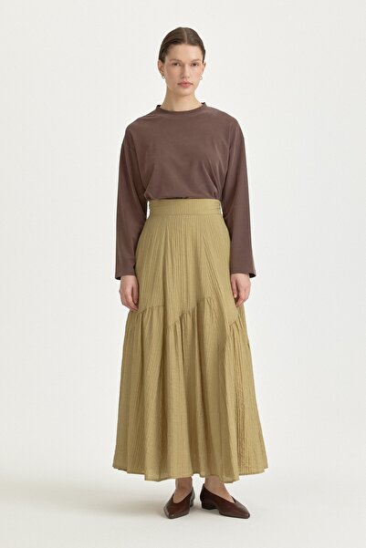 Nihan Asimetrik Büzgü Detaylı Viskon Etek Olive