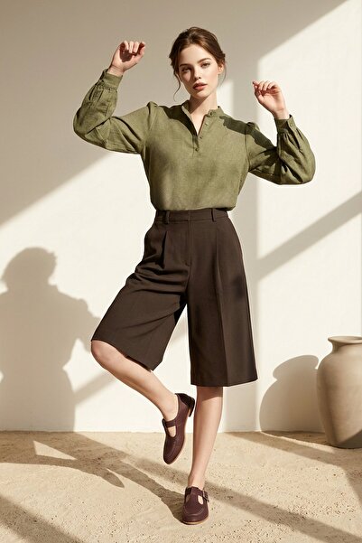 Trend Alaçatı Stili Women's Green Judge Collar Half Placket Balloon Sleeve Li...