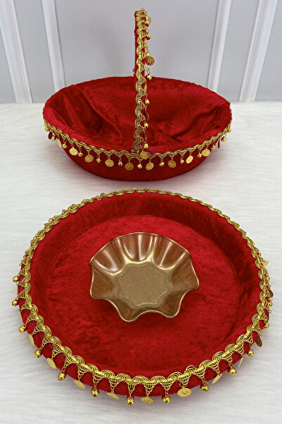 ZEYMERADE صينية وسلة للعروس باللون الأحمر لحفلات الحناء، مخمل، مزينة بالذهب و...