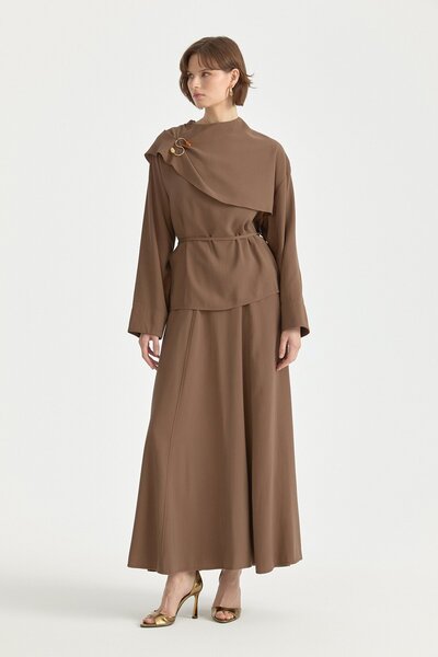 Nihan Cape Detailed Lyocell Skirt Blouse Set Brown