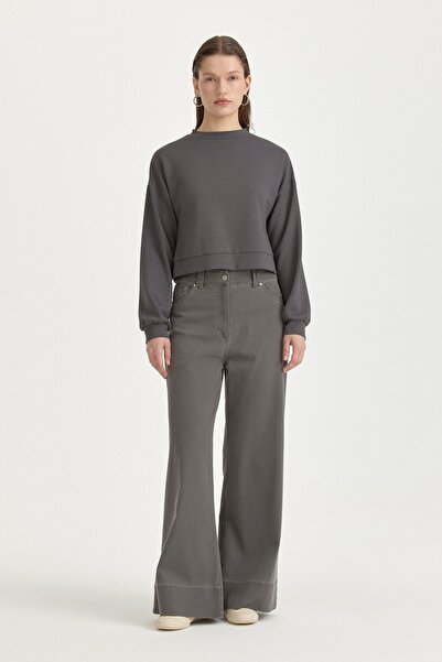 Nihan Geniş Paçalı Denim Pamuk Pantolon Füme