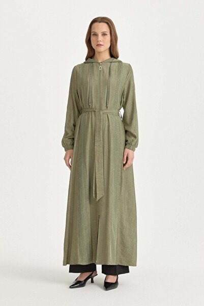 Nihan File Kumaş Mixli Kapşonlu Rayon Kap Haki