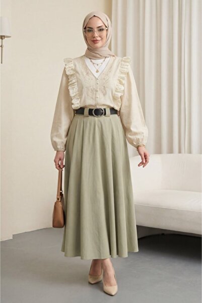 COjans V-neck Lace detailed embroidered balloon sleeve Linen shirt - beige