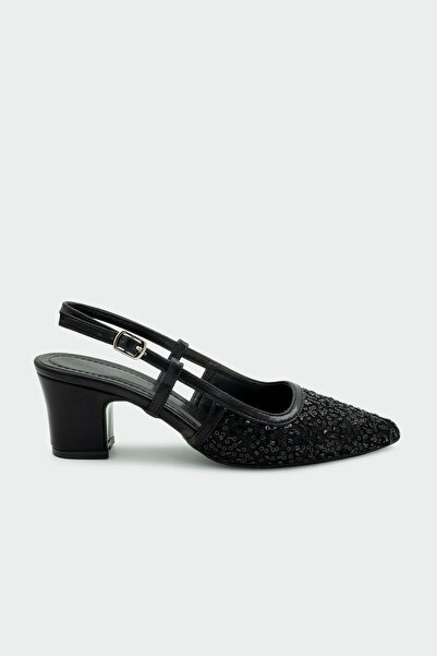 LAMİNTA Zawin Sequined Women's Black Heeled Shoes