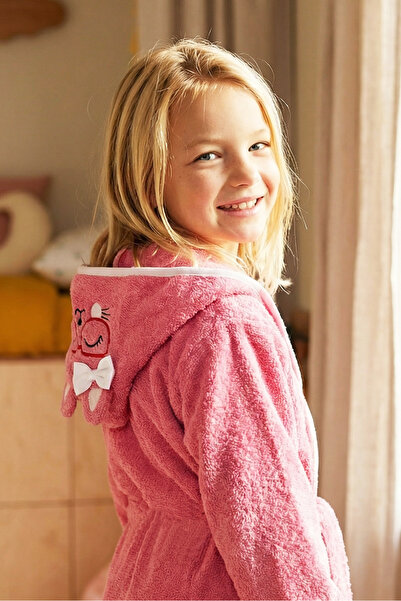 EAST&HIERA Kız Çocuk Bornozu Kapüşonlu Pamuklu, Kedi Figürlü, Gül Kurusu (1-1...