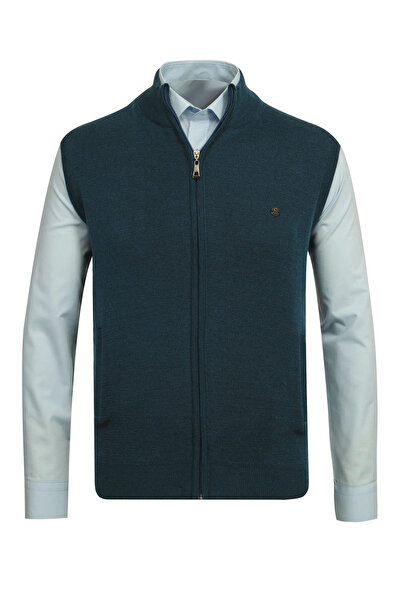 Çizgi Triko Men's Half Turtleneck Pocketed Zipper Petrol Vest Classic Fit - 5...
