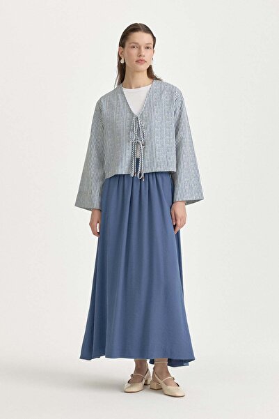 Nihan Tie-Detail Linen Skirt Blouse Set Indigo