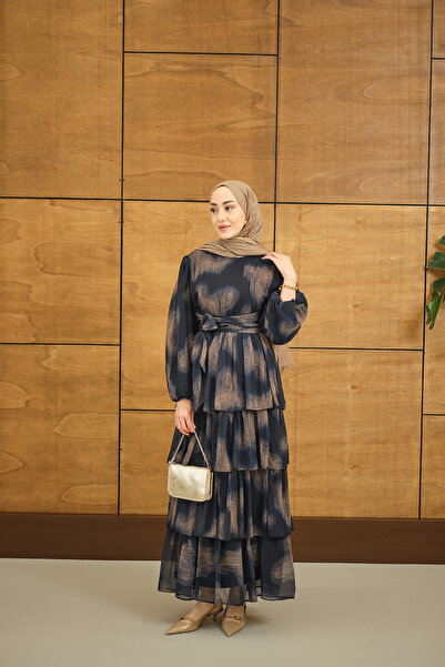 LOCCO Kadın Kat Kat Dökümlü Şifon Elbise Lacivert