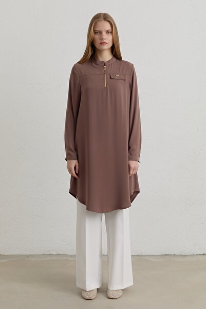 Nihan Fermuar Detaylı Hakim Yaka Tunik Açık Kahve