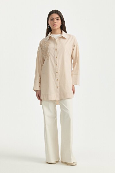 Nihan Nakış Detaylı Çizgili Pamuk Tunik Camel