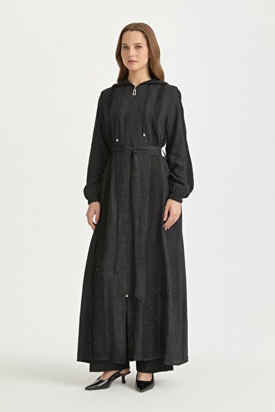 Nihan File Kumaş Mixli Kapşonlu Rayon Kap Siyah