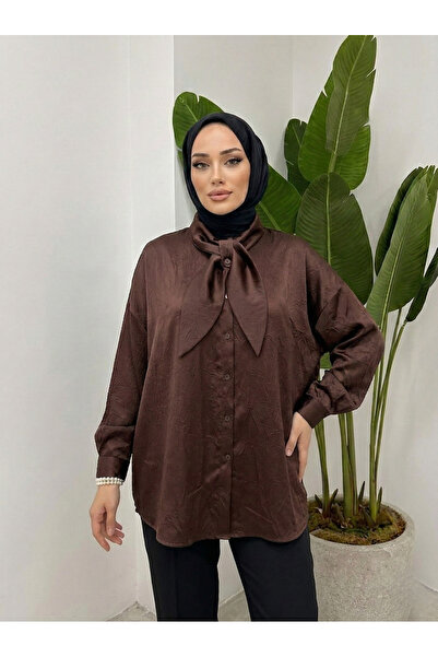 Foremia Collar Detail Satin Tunic-Brown