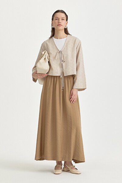 Nihan Tie-Detail Linen Skirt Blouse Set Beige