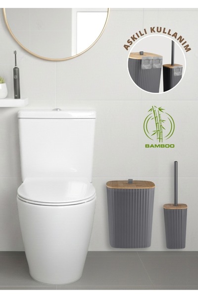 Store HGY Home Yapışkanlı Gerçek Bambu Detaylı Wc Fırçalık ve Çöp Kovası Safi...