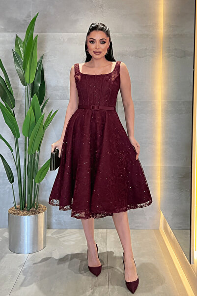 giyimmasalı dantelă Rochie midi din țesătură cu paiete și detalii cu balene -...