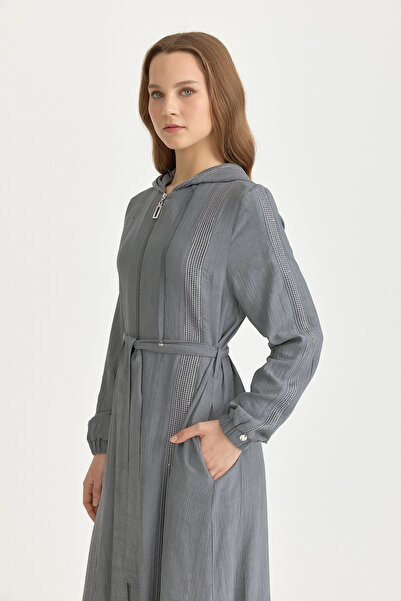 Nihan File Kumaş Mixli Kapşonlu Rayon Kap Gri