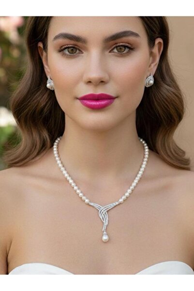 Ünal_Kuyumcu GERÇEK İNCİ SET - 925 AYAR GÜMÜŞ RODYUM (BEYAZ ALTIN) KAPLAMA