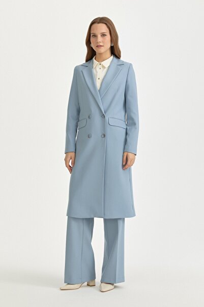Nihan Kruvaze Kapama Uzun Blazer Poly. Viskon Basic Ceket Açık Mavi