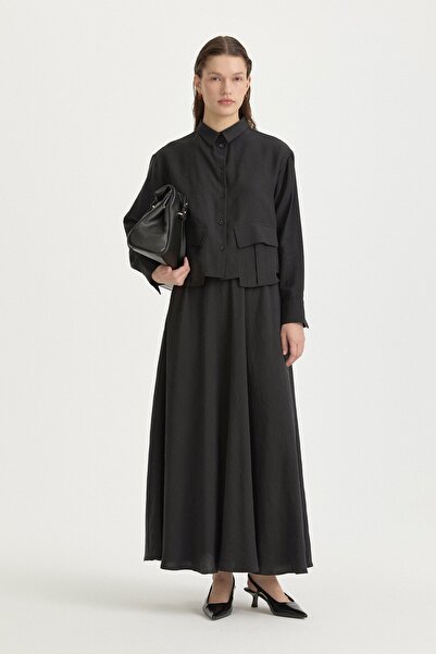 Nihan Crop Gömlekli Tencel Takım Siyah