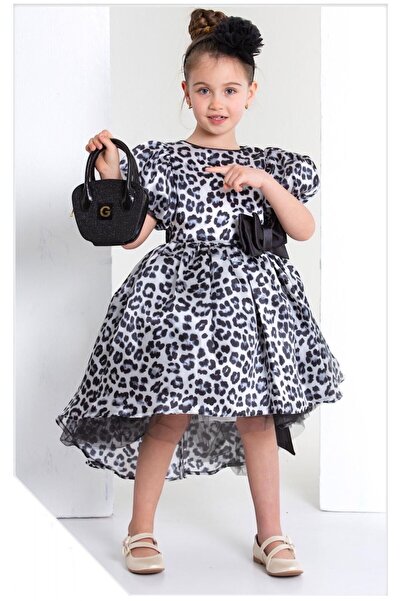 moda vee çocuk Kız Çocuk Leopar Desenli Dantel Detaylı Elbise