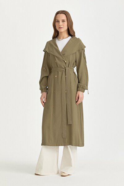 Nihan Yakası Büzgü Detaylı Kuşaklı Kruvaze Modal Kap Haki