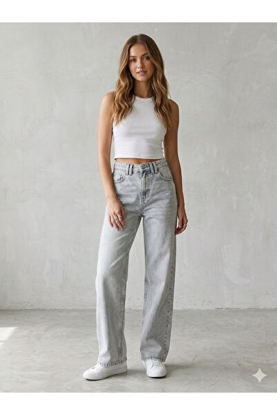 ELORA BOUTİQE Yüksek Bel Bol Paça Denim Pantolon - Taşlanmış Açık Mavi