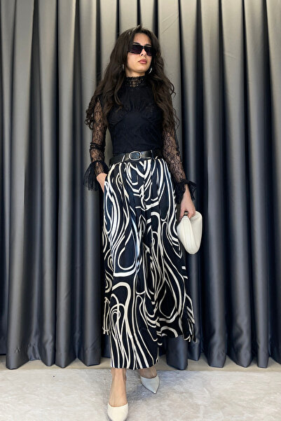 Estelle Round Pattern Front Pleated Pocket Detail Belt Piece Skirt-Black Black